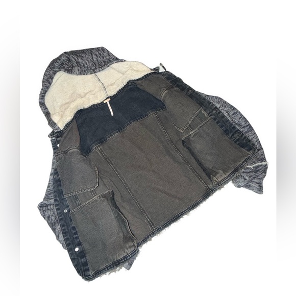 Free People Washed Black Denim Knit Hoodie Jacket 100% Cotton Size L - Picture 5 of 10